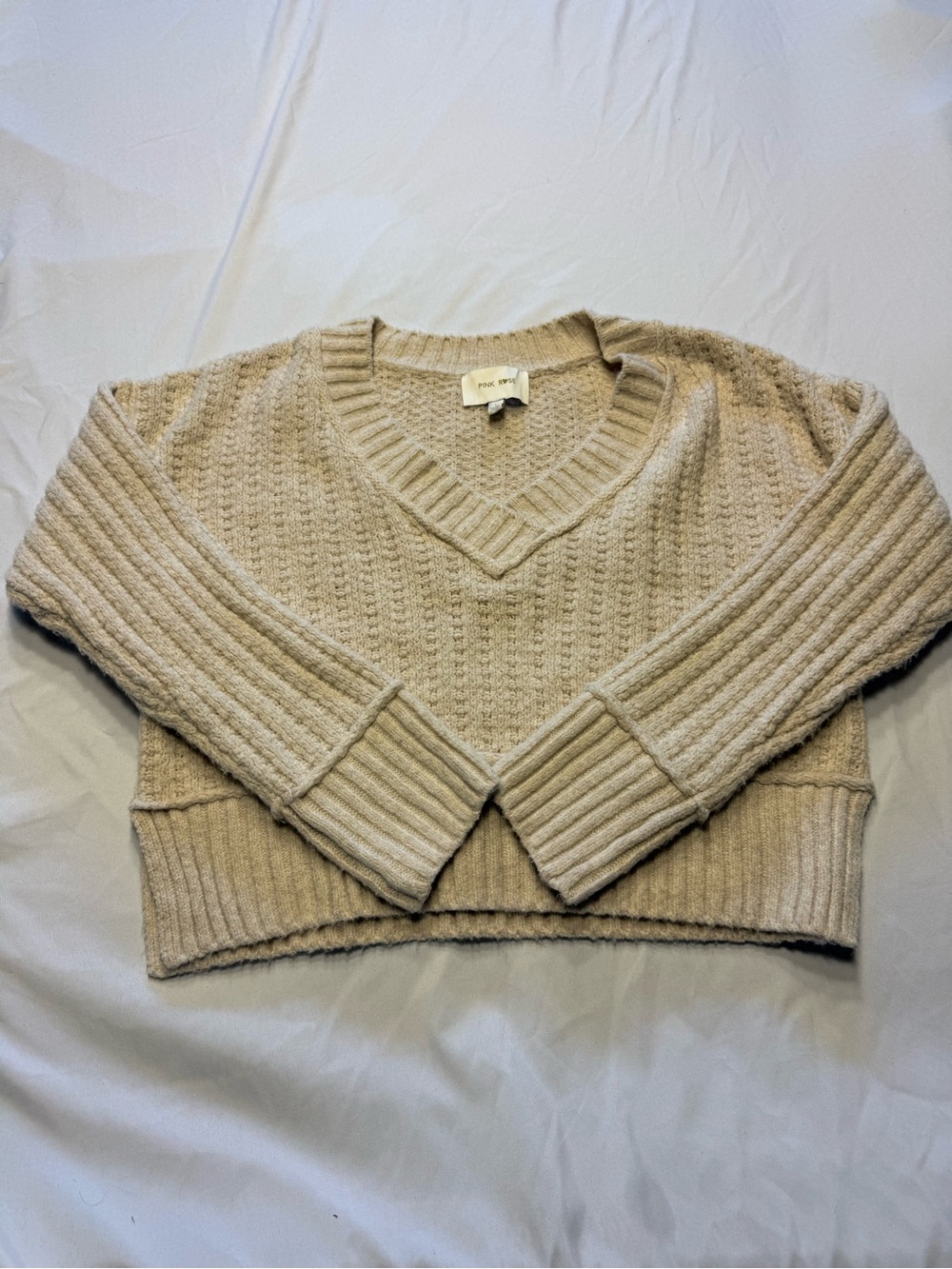 Pink Rose Cream V-Neck Cropped Cable Knit Sweater